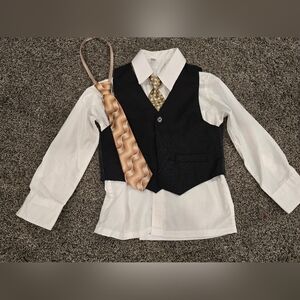 Classic Boy's Black Vest with White Shirt and Gold Tie Set